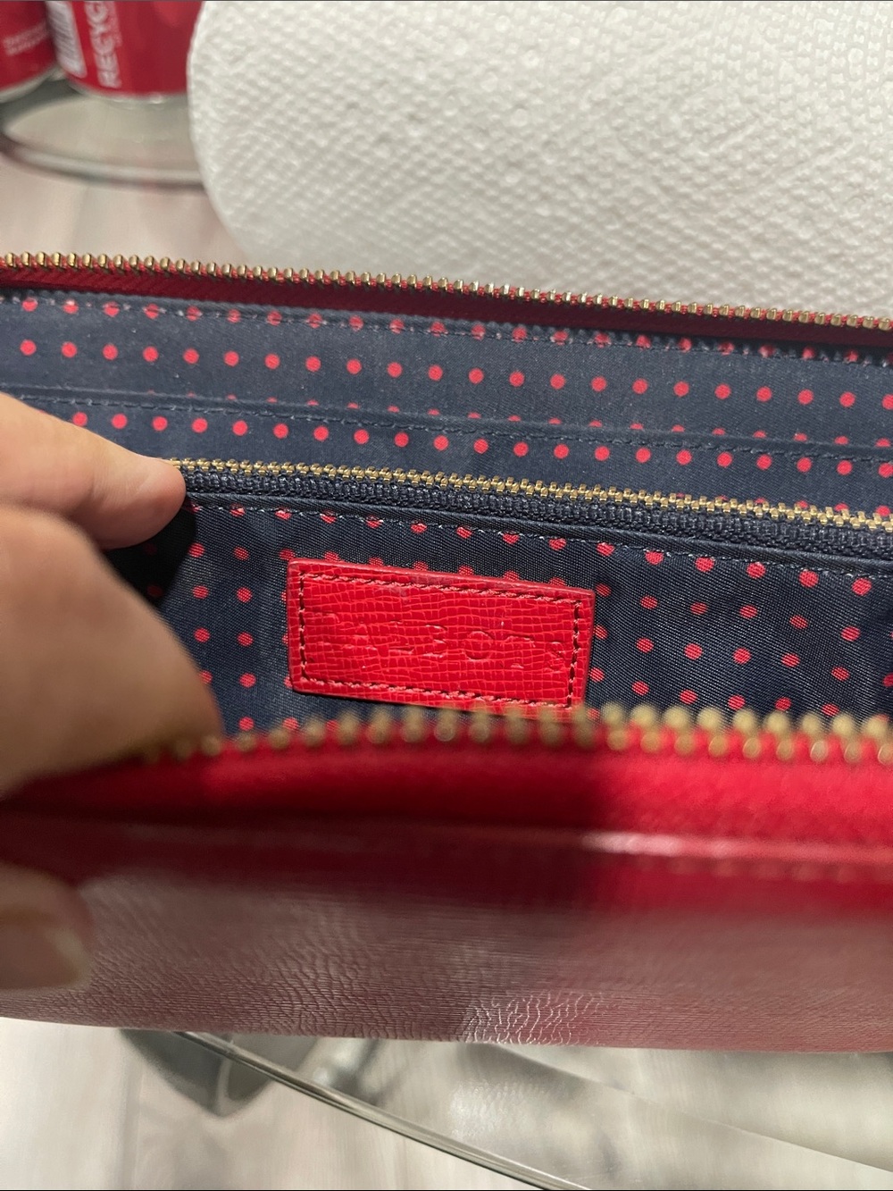 Talbots Red Leather Zip Wristlet with Navy Polka-Dot Interior